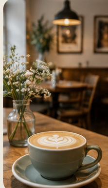 Latte on a warm café table